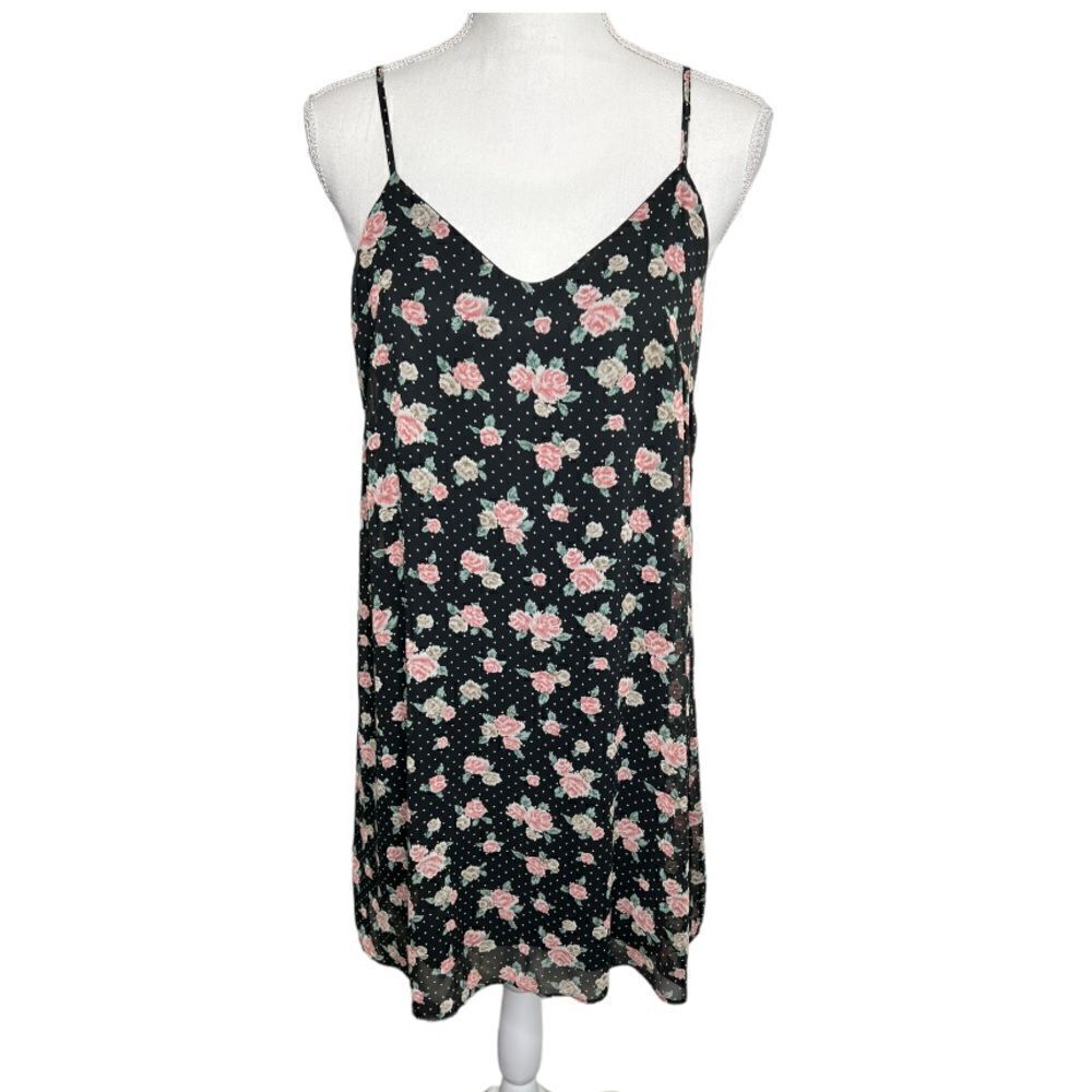 SOPRANO Black Flower Print Sleeveless Shift Dress. Size Large